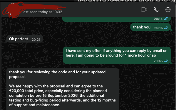 Client message agreeing to the &euro;20,000 total price, noting the planned completion date, an additional testing and bug-fixing period, and 12 months of support and maintenance. The client's name is redacted.